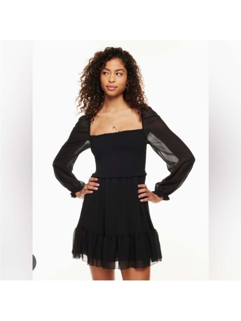 Black Square-Neck Long-Sleeve Ruffle Hem Dress - Wilfred Tempest mini smocked ..